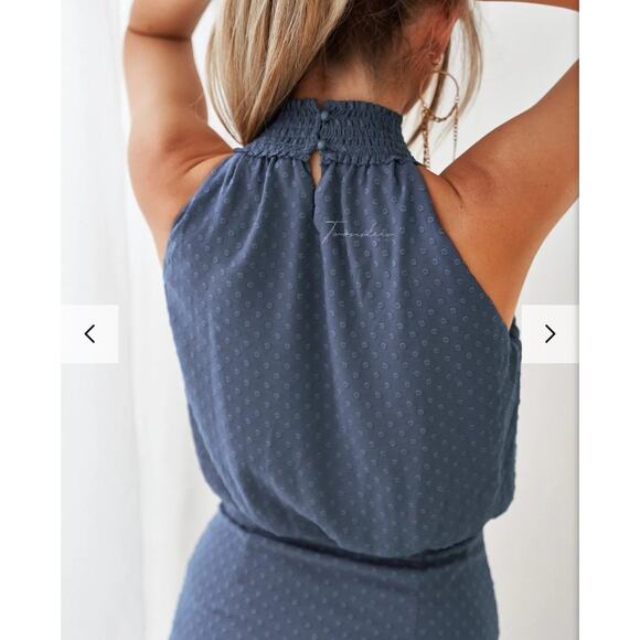 Two Sisters The Label Pip Mini Dress US 6 Ruched Ruffle Blue Polka Dot Cocktail - Picture 5 of 16